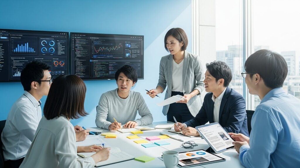 Z世代の日本人若手ビジネスパーソンが、多様な情報源から活発に議論しながら情報収集をする様子。