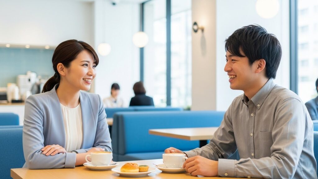 企業の採用担当者と候補者がカフェで対話しており、一方的な広告ではなく体験を通じた関係構築を示す。