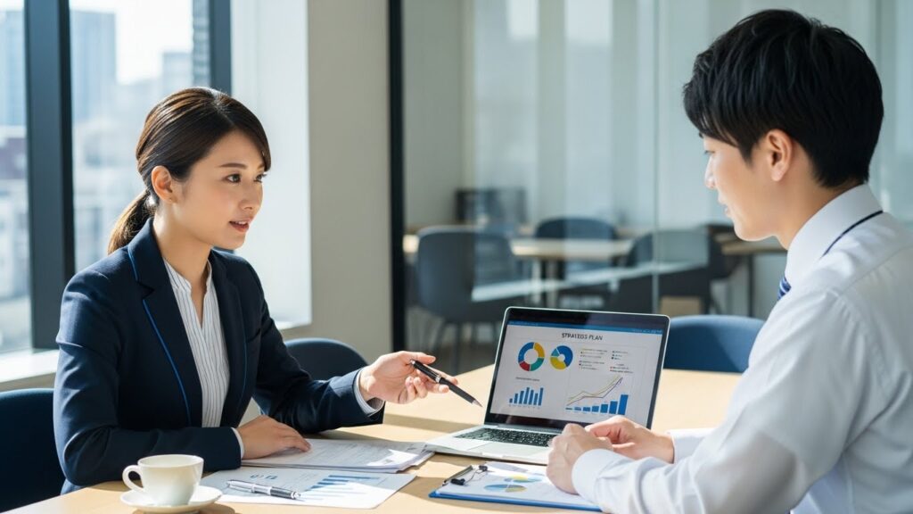 株式会社ヴォーチェの日本人コンサルタントが、企業の担当者と協力しながら、採用戦略や経営変革について話し合う様子