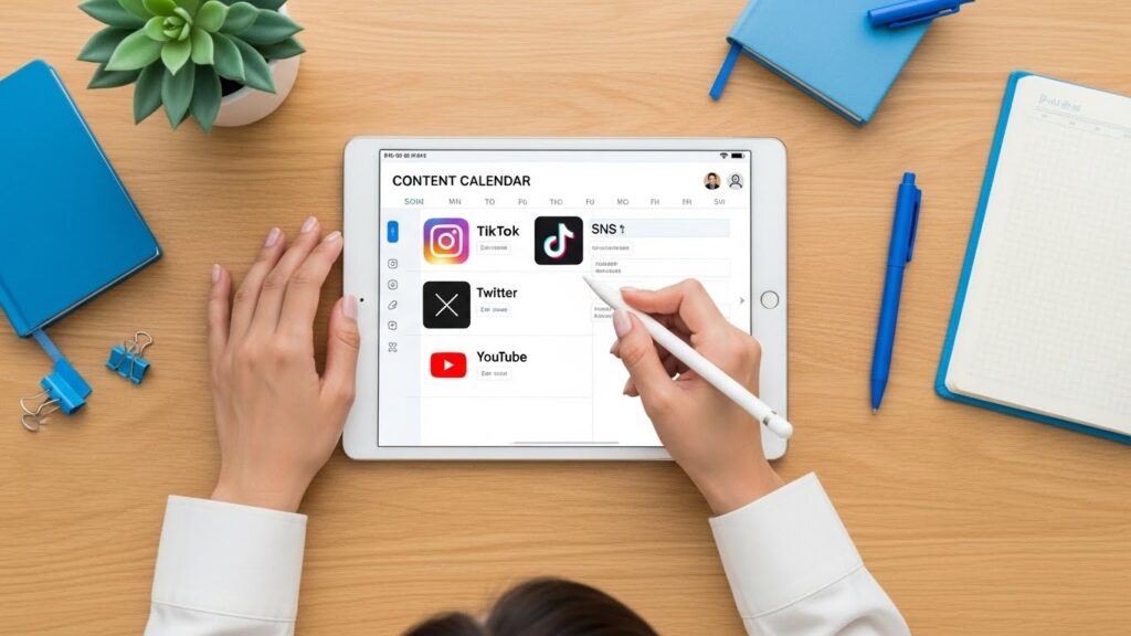 複数のSNSプラットフォームのアイコンが並んだタブレットで、コンテンツカレンダーを作成し、SNS採用戦略を練る日本人女性の手元。