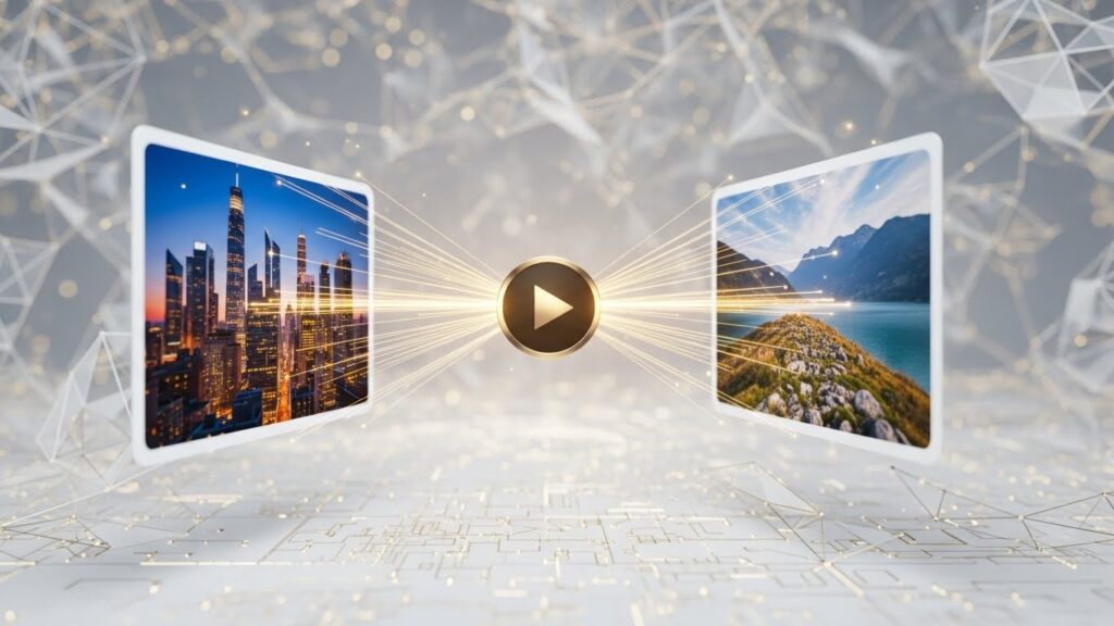 2枚の静止画からAIで動画を生成する仕組みのイメージ図。素材の最小化とアウトプットの最大化。