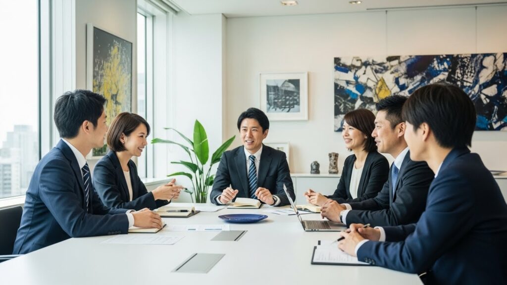 候補者に選ばれる企業を目指して採用戦略を話し合う経営層と人事担当者