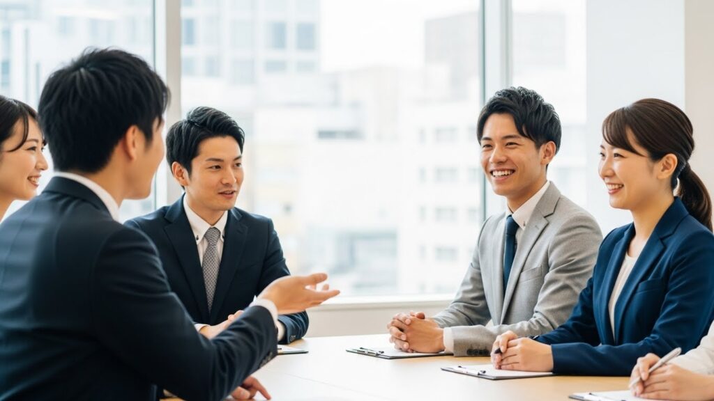採用ピッチ資料の効果やメリットについて前向きに話し合う企業チーム