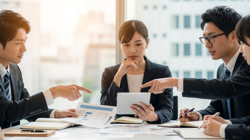 採用ピッチ資料の必要性について検討する企業担当者の打ち合わせ風景