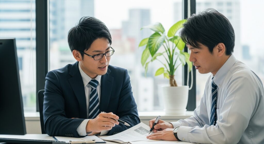 資料を見ながら並んで相談する日本人ビジネスパーソン。伴奏型支援による採用サポートを表現。
