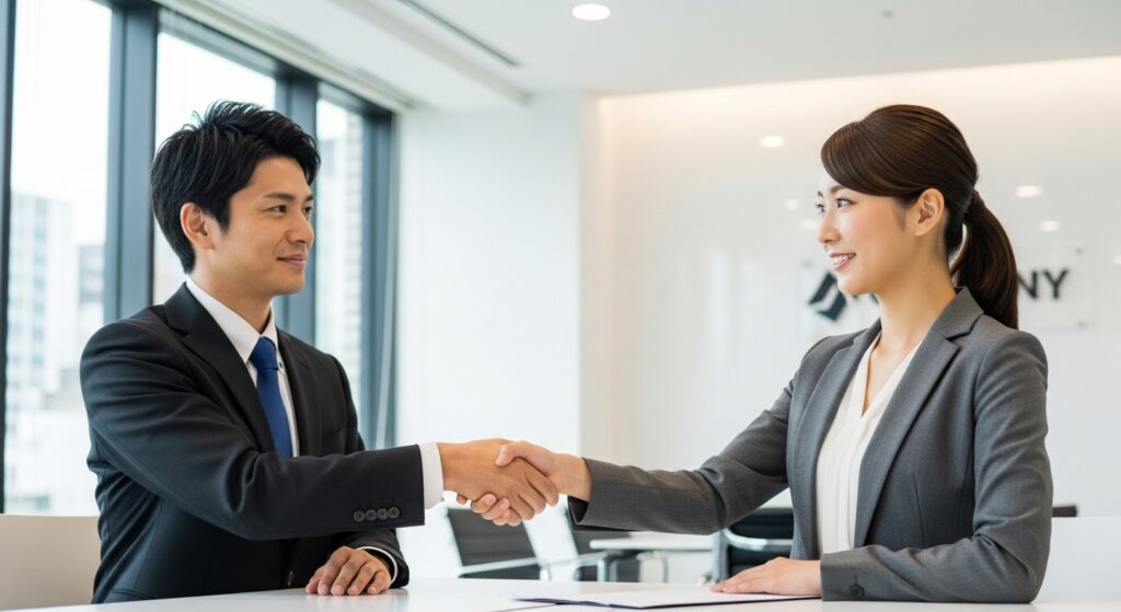 オフィスで握手を交わす日本人男女。採用外注におけるパートナー選びの重要性を表した写真。