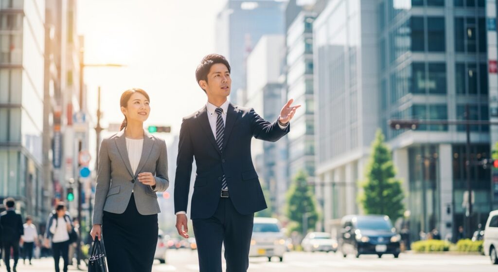 前向きに歩く日本人ビジネスパーソン。採用外注を投資として捉え、成長を目指す企業の姿を表した写真。