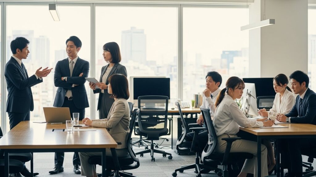 採用成果の違いを象徴する、日本人ビジネスパーソン同士の対照的な表情と姿勢