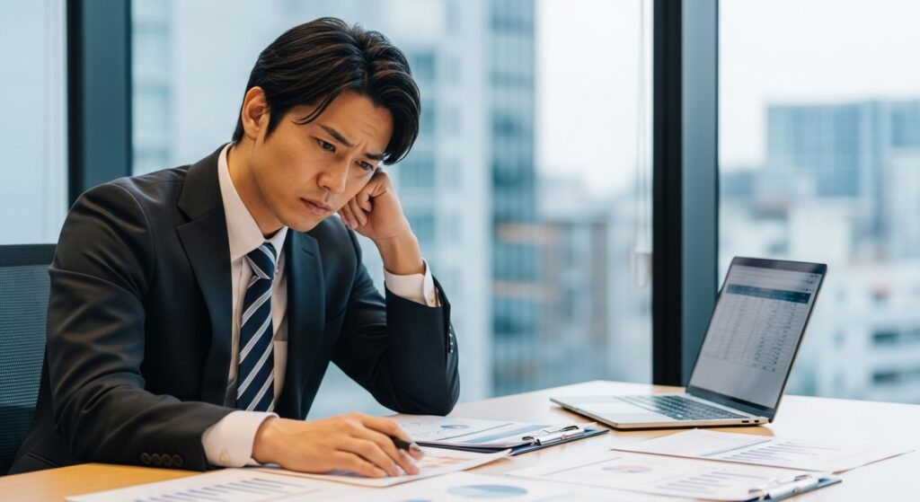 デスクで悩む30代の日本人男性。採用活動がうまくいかない企業の課題を象徴するイメージ。