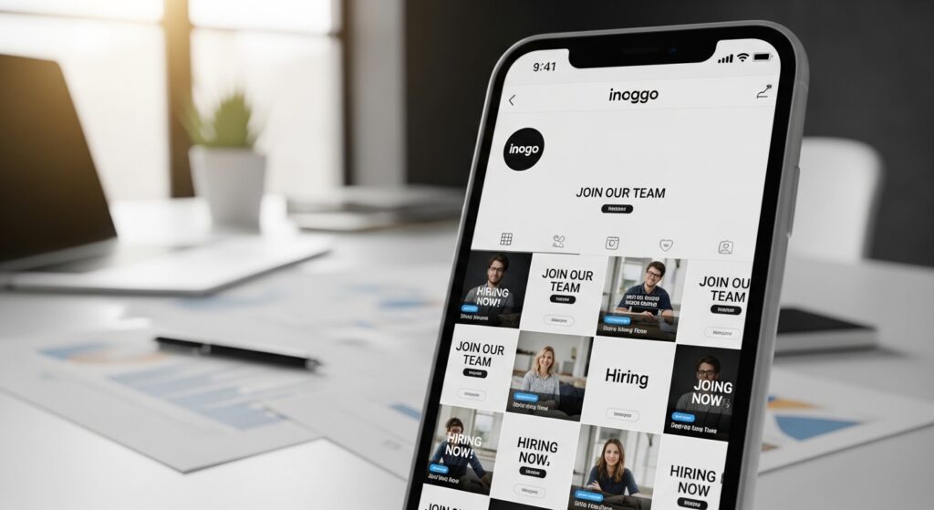 企業の採用Instagram画面を表示するスマートフォンとオフィスデスクの様子