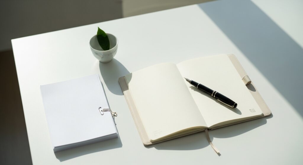 ノートとペンを使い企業の魅力を書き出しているデスクの俯瞰写真