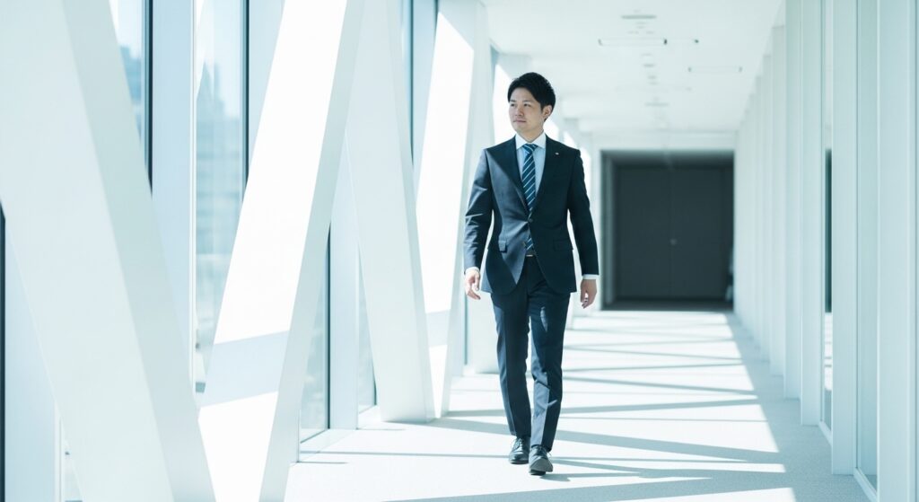 明るいオフィス通路を歩く日本人ビジネスパーソンの後ろ姿