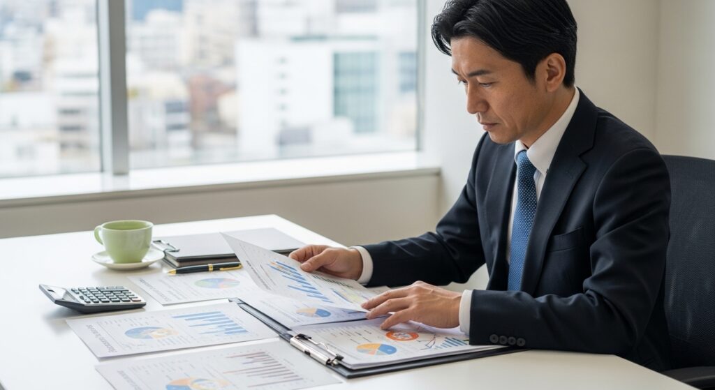 採用コストの増加を示す資料を見ながら頭を悩ませる日本人管理職