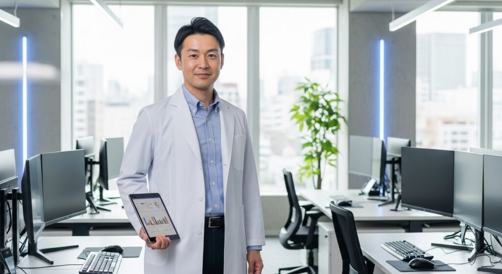 ホログラムの採用データを分析し、企業の課題を精密に診察する採用ドクターのイメージ。株式会社ヴォーチェの採用支援コンセプト。