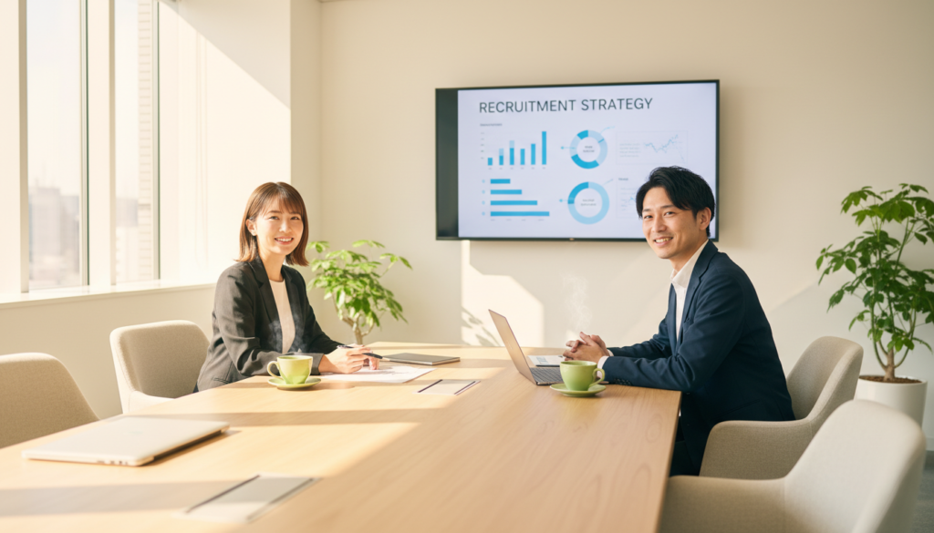 採用ドクターと経営者が明るい雰囲気で壁打ちを行う様子。対話を通じて採用成功への道筋を描いているシーン。