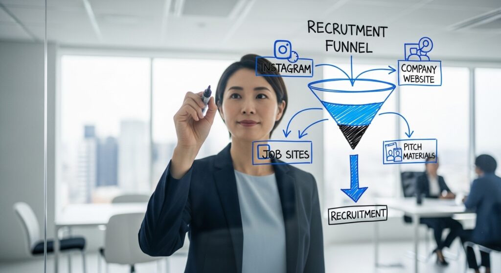 ガラスボードに採用動線設計の図を描くコンサルタント