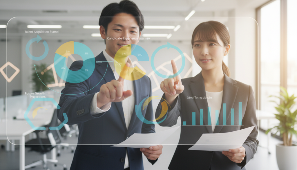 採用戦略の設計図を前向きに確認するビジネスパーソン。株式会社ヴォーチェの採用コンサルティング相談で未来の戦略を描く様子。