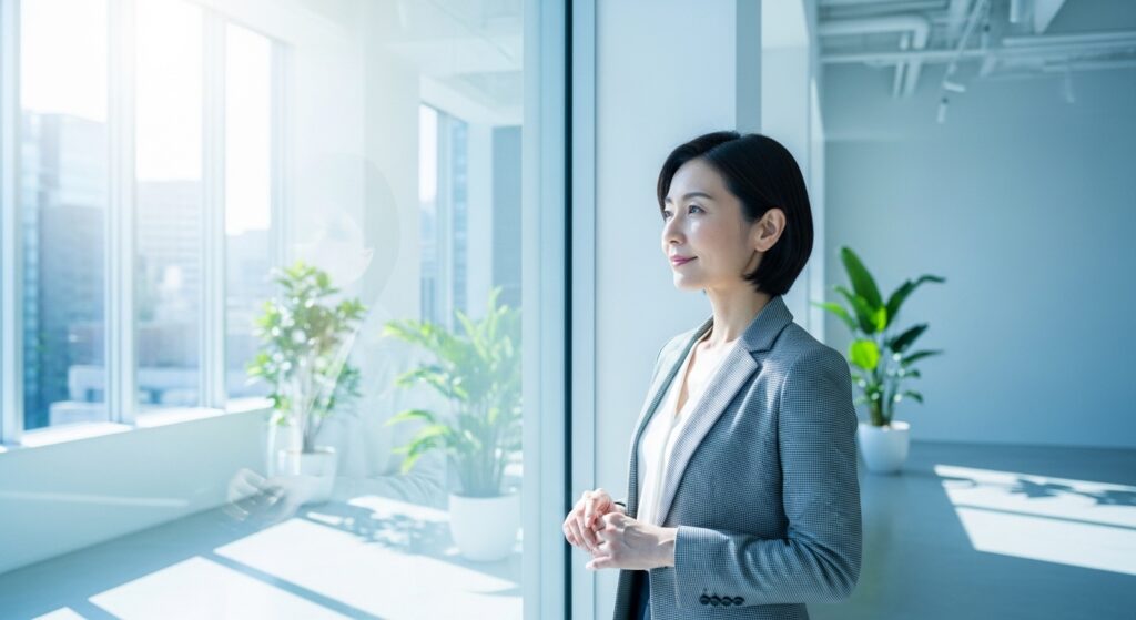 窓辺で外を見つめながら採用戦略を考える日本人ビジネスパーソン