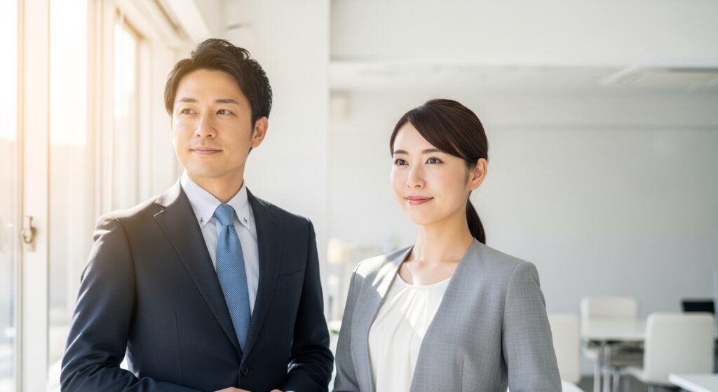 明るいオフィスで並んで前を見つめる日本人ビジネスパーソン