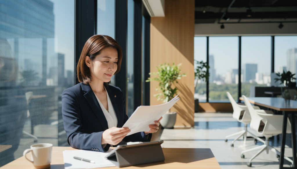 明るいオフィスで採用戦略を見直す経営者の様子。株式会社ヴォーチェの採用コンサルティング相談を通じて課題解決を模索している場面。