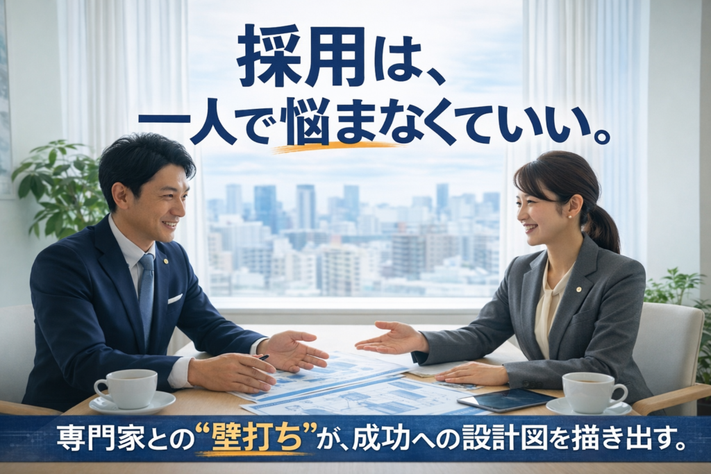 株式会社ヴォーチェの採用コンサルティング相談の様子。採用ドクターと経営者が対話しながら壁打ちを行い、採用成功に向けた設計図を描いているビジネスシーン。