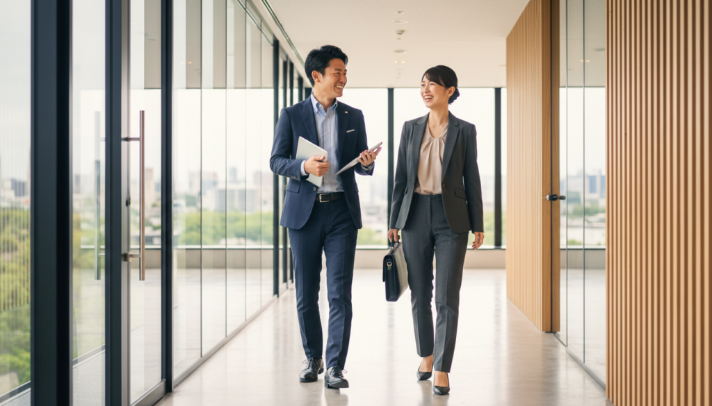 採用ドクターと経営者が並んで歩きながら相談している様子。株式会社ヴォーチェの採用コンサルティングが伴走型支援であることを表現。