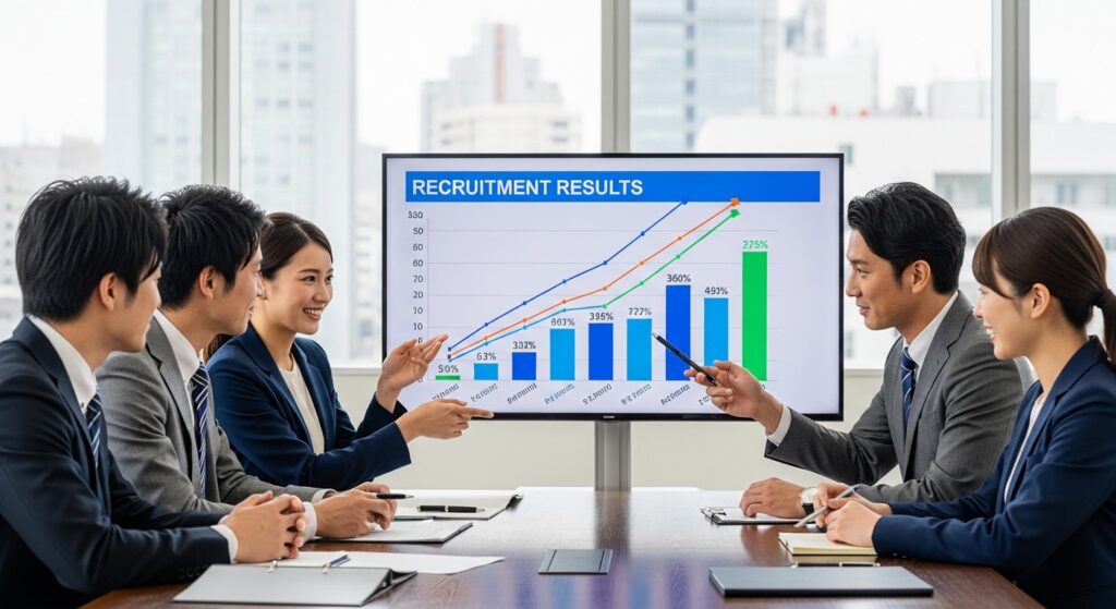 採用改善によって成果が向上した企業のミーティングシーンを表したイメージ画像