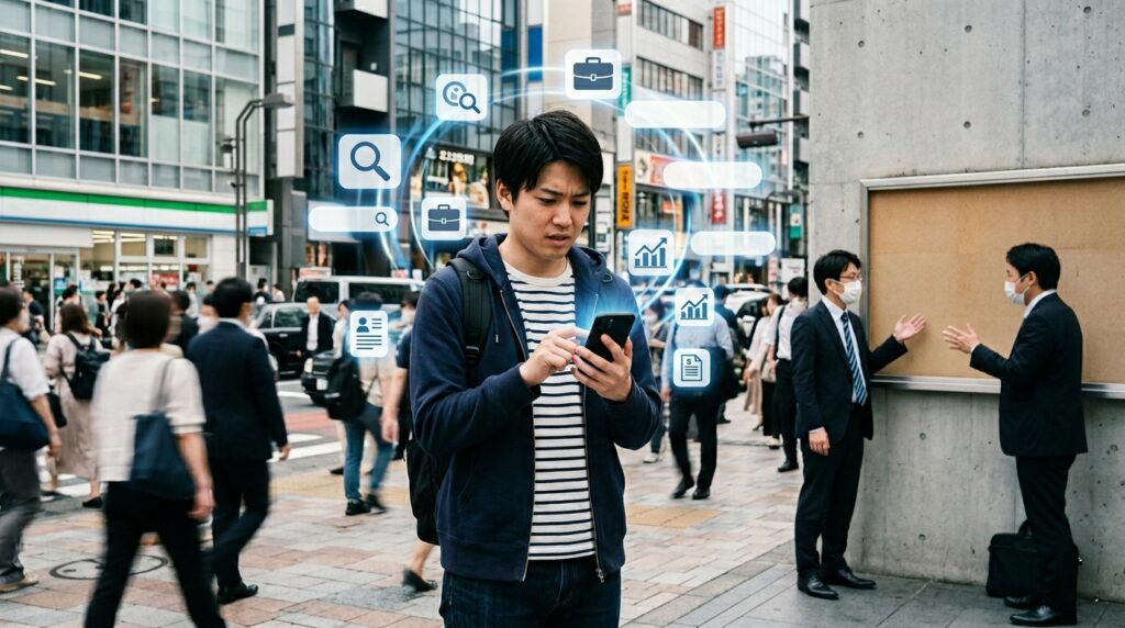 20代の求職者がスマートフォンで仕事を探す様子と、企業側が応募不足に悩む状況を表したイメージ画像