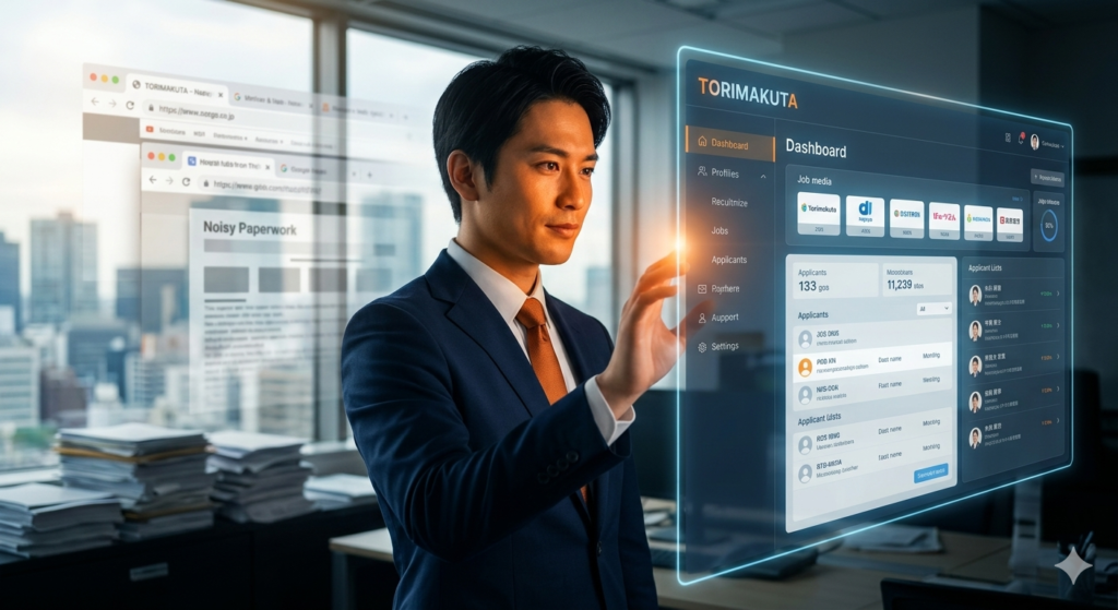 モダンなオフィスにて、煩雑な書類から解放された若手日本人採用担当者が、統合データホログラムを前に自信と集中に満ちた表情で未来を見据える実写イメージ。情熱のオレンジ光が彼の顔とホログラムを照らす。