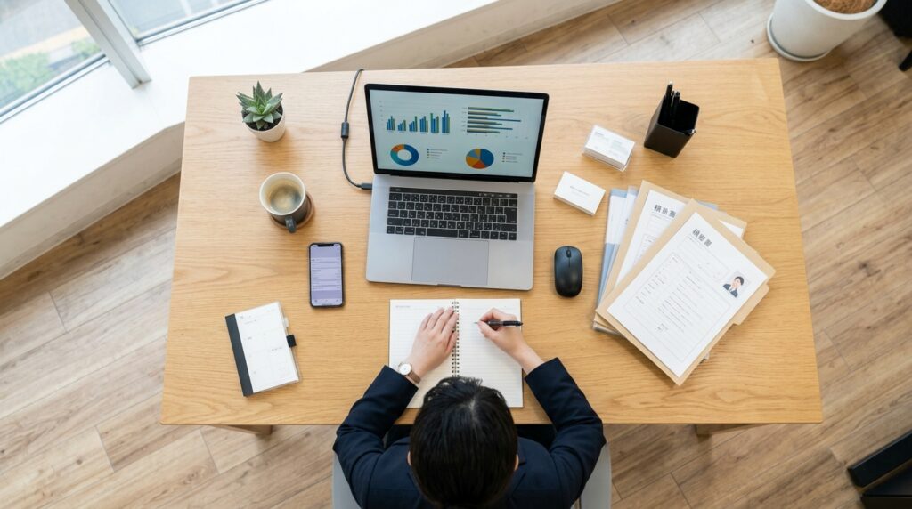 採用データを確認しながら内定承諾率の課題を分析する人事担当者