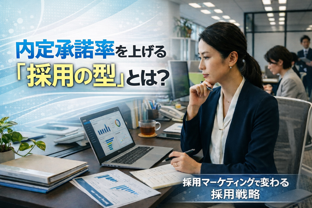 採用データを分析する人事担当者と内定承諾率を上げる採用の型を解説するアイキャッチ画像