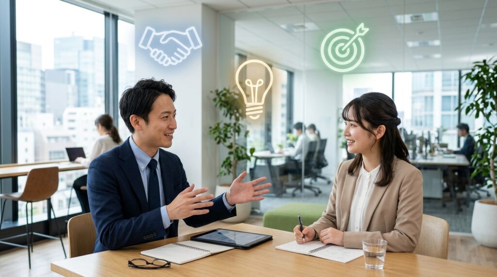 採用担当者が候補者と面談しながら内定承諾率を高めるスキルを表現したビジネスシーン