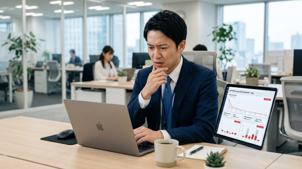 求人の反応が少なく悩む採用担当者がパソコン画面を見ている様子