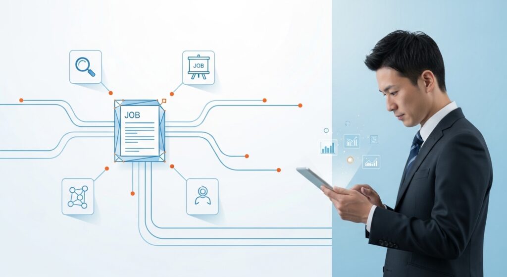複数の求人媒体や検索導線を活用して求職者に情報を届ける採用戦略を表したイメージ画像