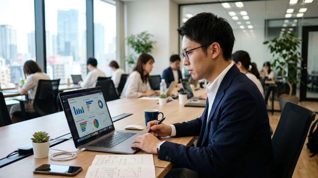 採用担当者がデータを分析しながら採用マーケティングを行う様子