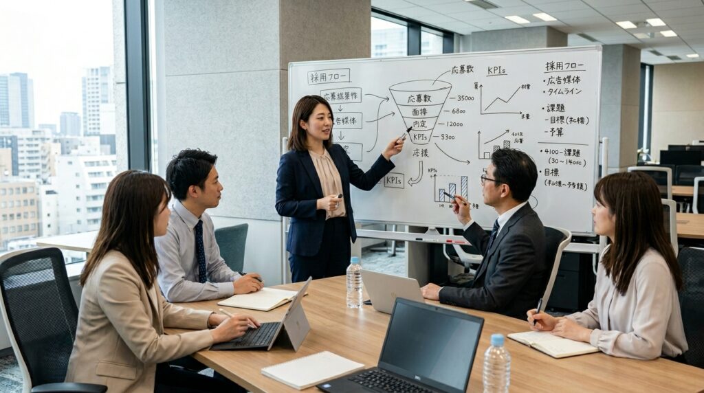 ホワイトボードを使って採用マーケティング戦略を議論する人事チーム