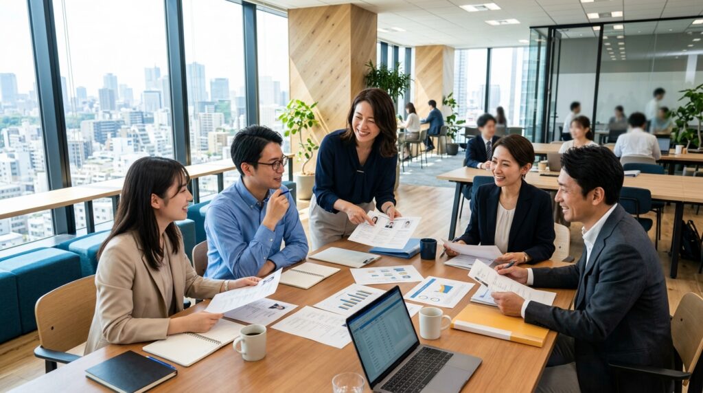 採用戦略についてチームで話し合う企業の人事チーム