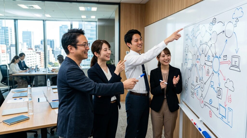 複数の採用チャネルをつなげて戦略を考えるビジネスチームの様子