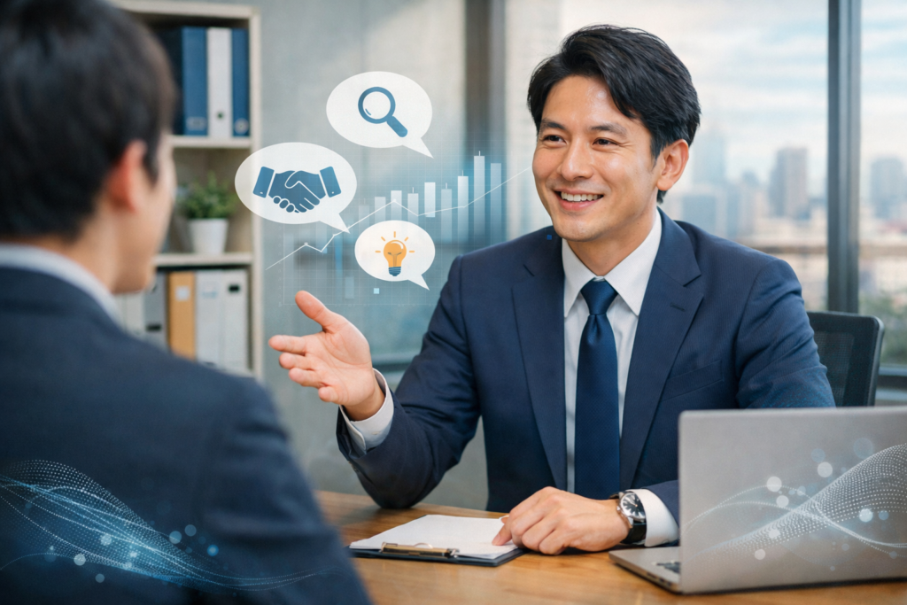 採用担当者が候補者と面談しながらスキルによって採用成果が変わる様子を表したビジネスシーン