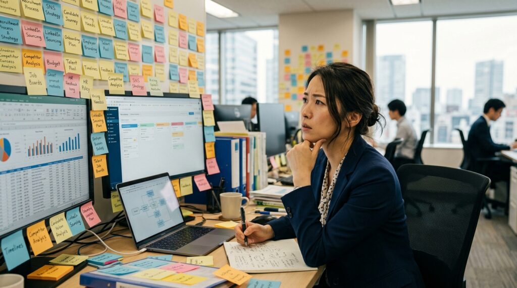 複数の採用施策を整理しきれず悩む女性担当者の様子