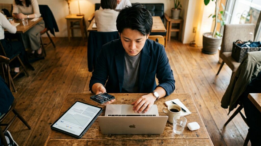 カフェでスマートフォンとPCを使いながら複数の情報を比較する若手男性の様子