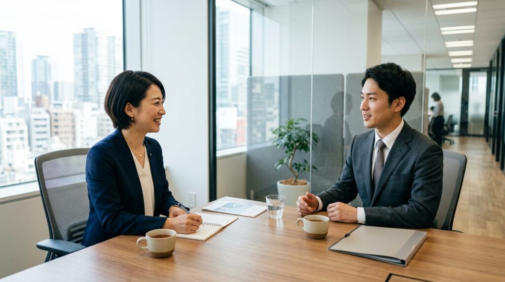 企業の採用面接で面接官と候補者が対話する様子