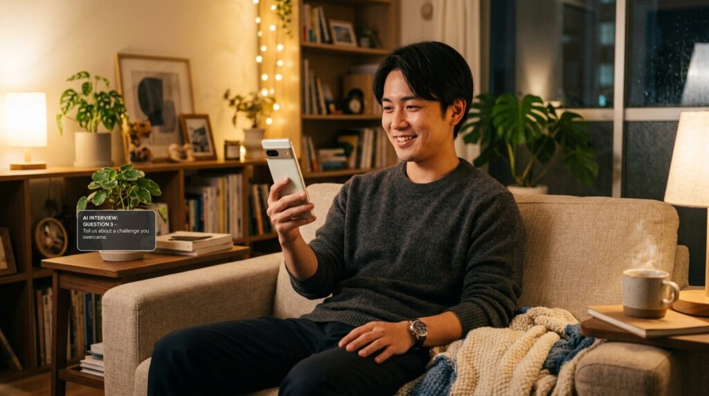 夜の落ち着いた室内で、スマートフォンを使用してリラックスした様子でAI面接を受ける男性。