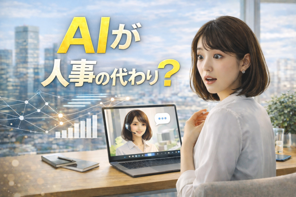 AIが人事の代わりにと驚く人事担当者とAIアバターの画面をイメージした採用DXのアイキャッチ画像