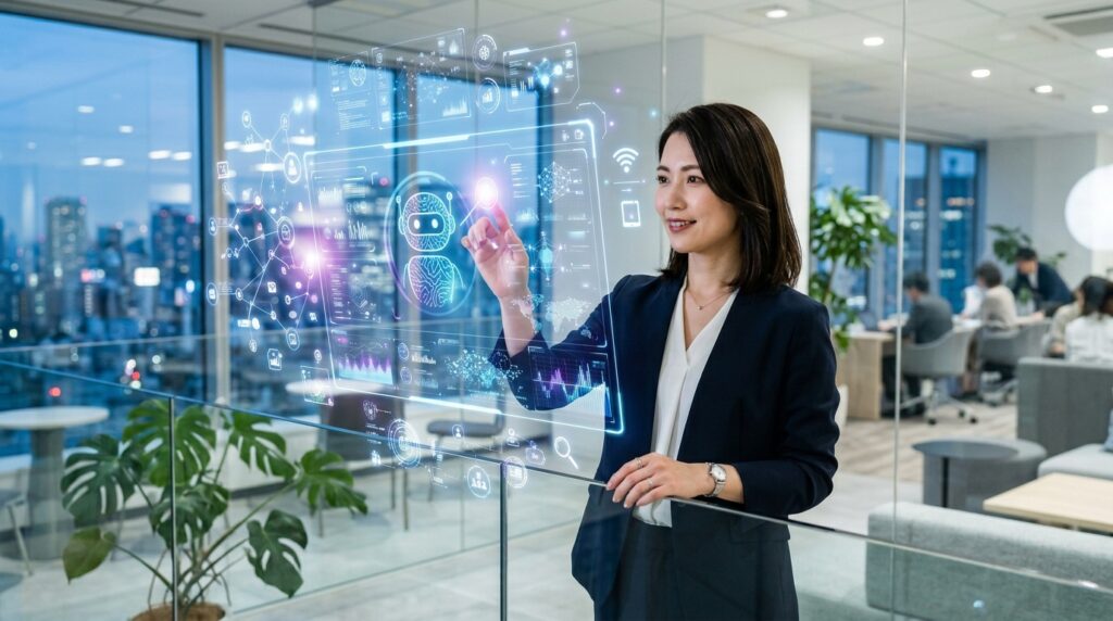 人事担当者がAIアバターと対話しながら採用業務を行う未来のイメージ