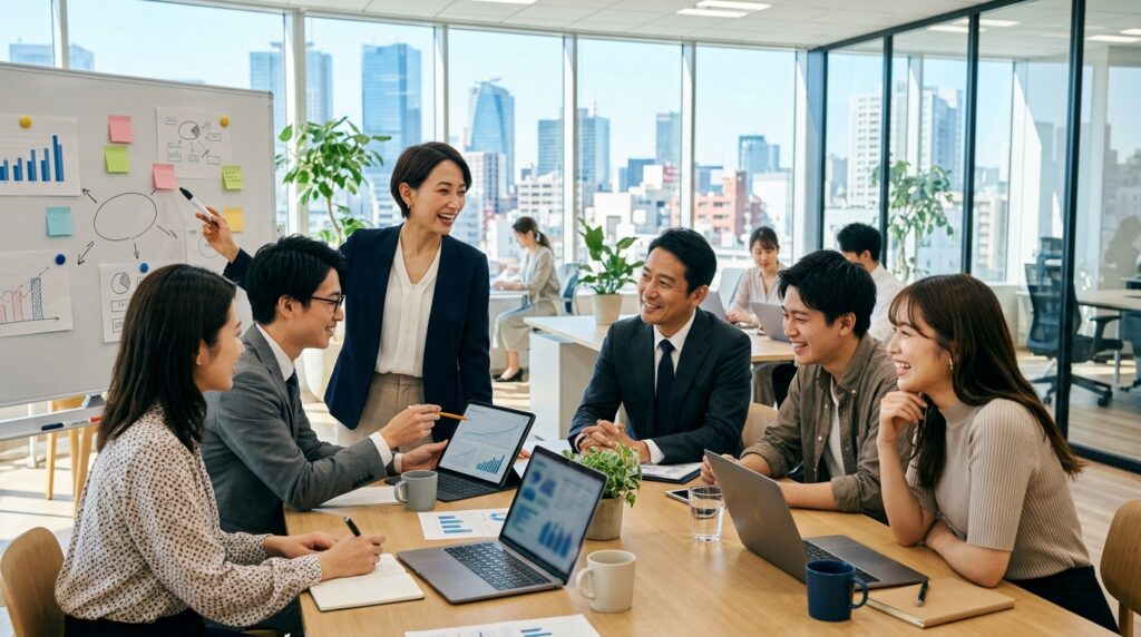 チームで協力しながら採用DXを進める企業の様子と成功イメージ