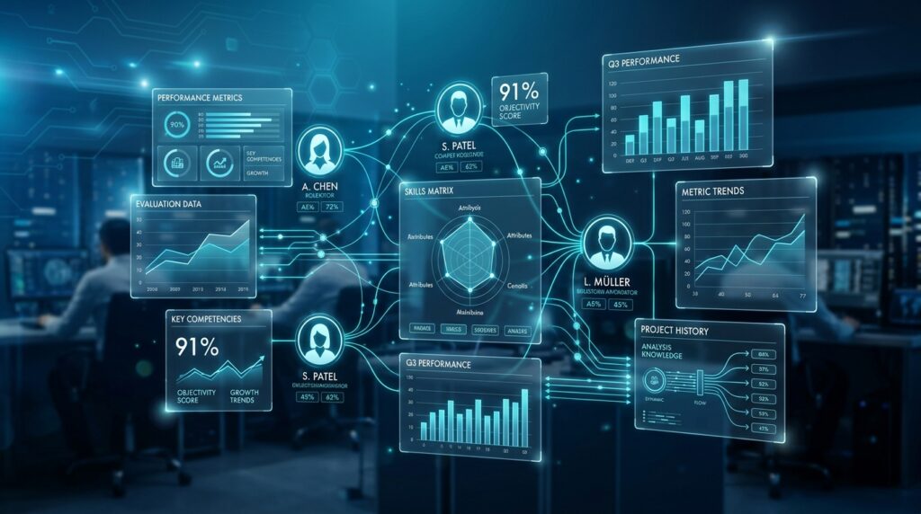 グラフやネットワーク状のラインが浮かび上がるデジタルスクリーン。客観的な評価指標を象徴するビジュアル。