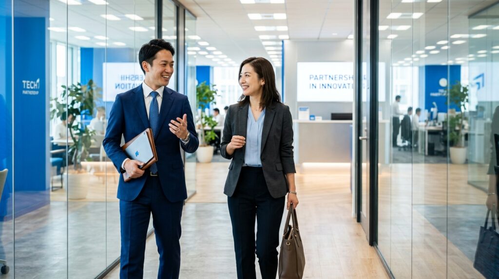 笑顔で並んで歩くビジネスパートナー。信頼関係と成功への道筋を感じさせるカット。