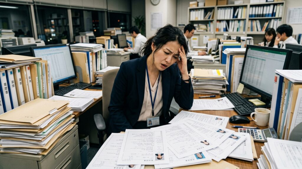 応募対応や書類に追われて忙しい人事担当者の様子と採用課題のイメージ
