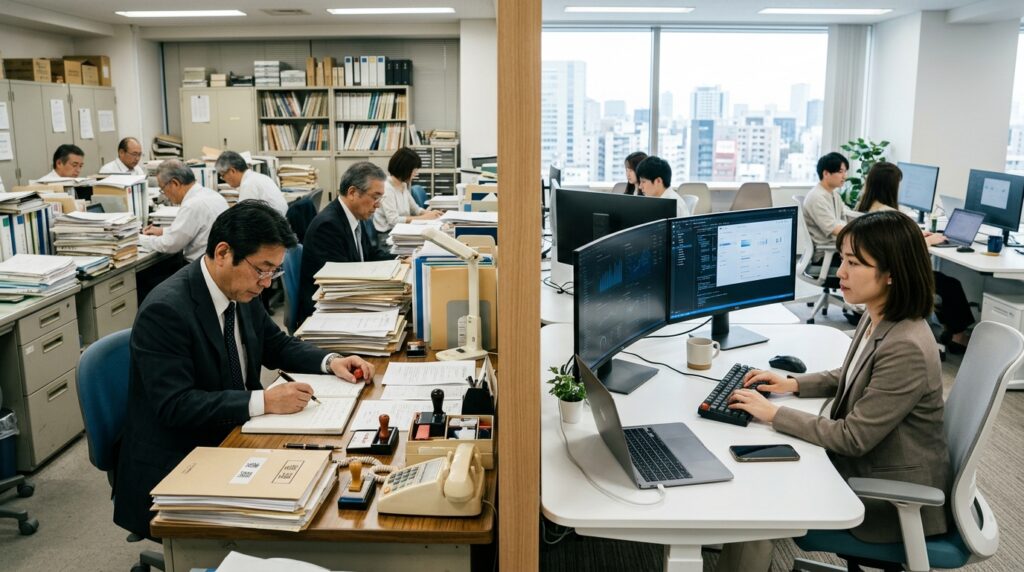 紙中心の従来採用とデジタル化された採用DXの違いを表現した比較イメージ